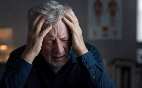 Un homme âgé se tenant la tête à deux mains, exprimant de la douleur suite à une commotion cérébrale.