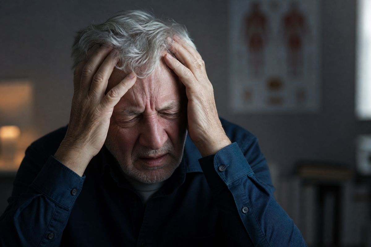 Un homme âgé se tenant la tête à deux mains, exprimant de la douleur suite à une commotion cérébrale.
