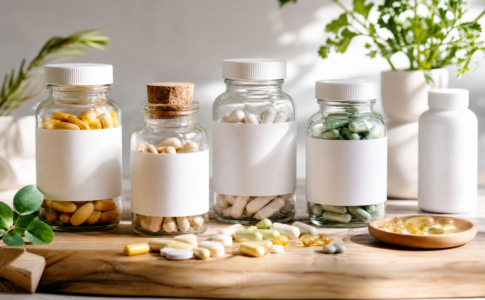 Flacons de compléments alimentaires (gélules et vitamines) sur une table en bois.