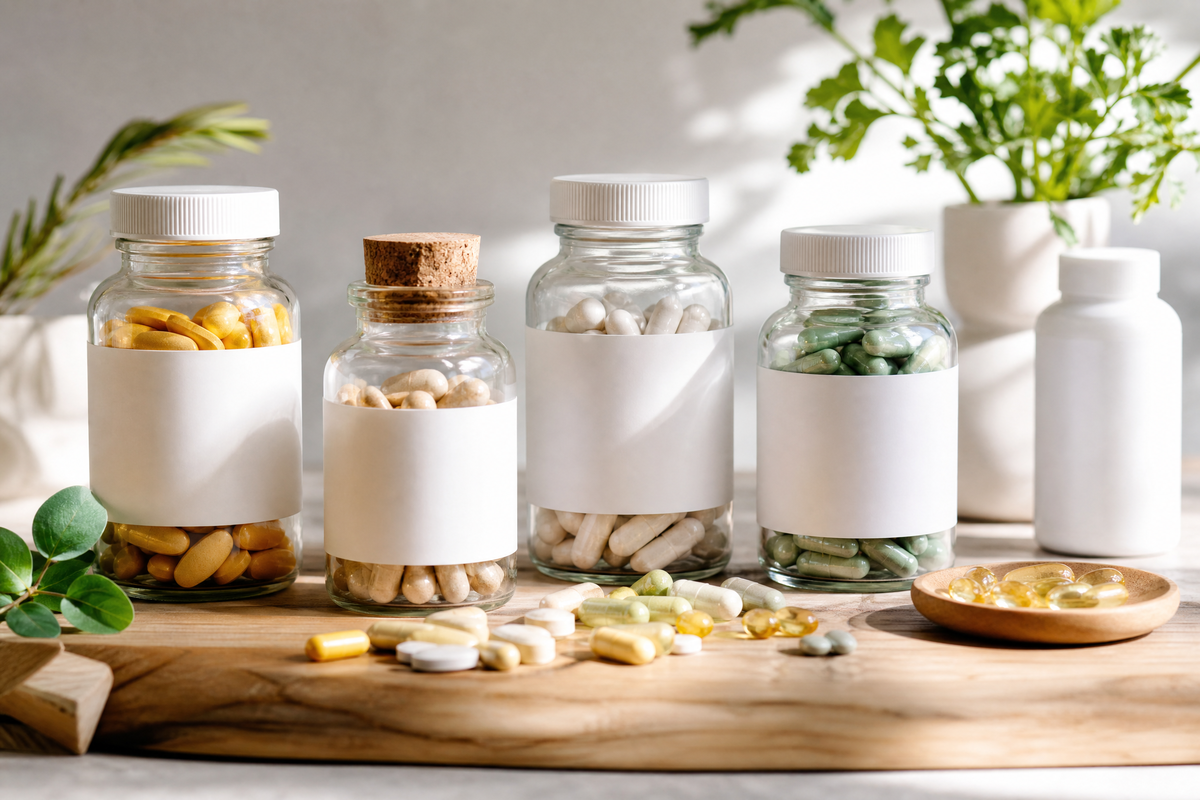 Flacons de compléments alimentaires (gélules et vitamines) sur une table en bois. 
