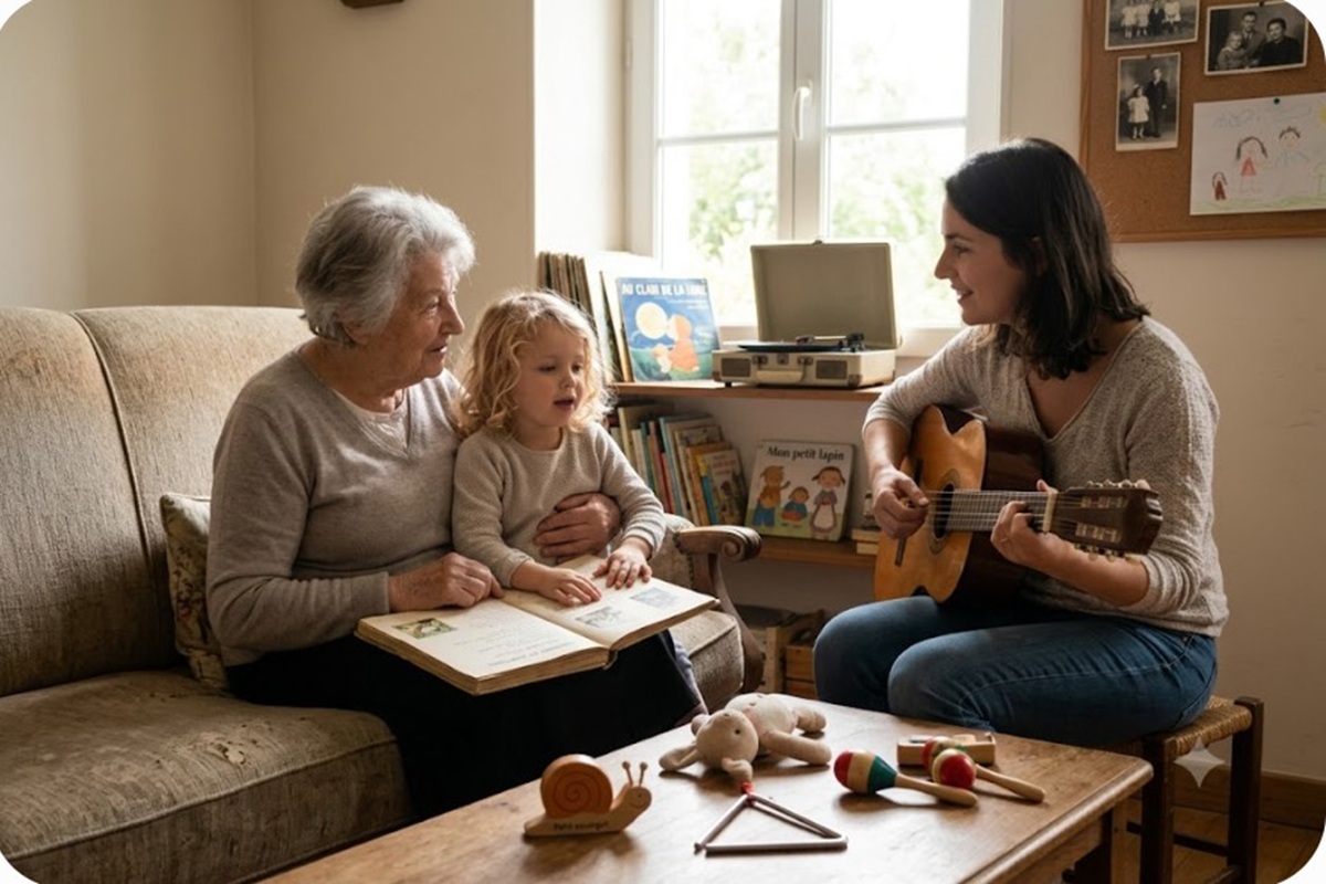 Un enfant découvrant la musique avec ses proches