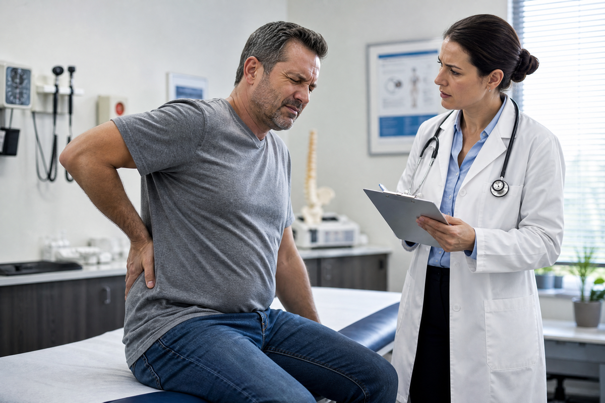 Un homme souffrant du dos consulte une femme médecin dans un cabinet médical.