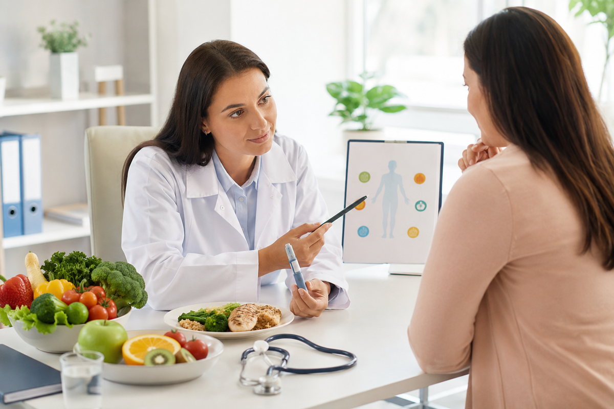 Une médecin montrant un stylo d'injection à une patiente lors d'une consultation.