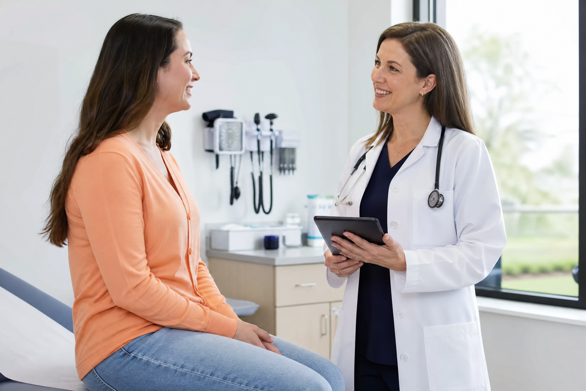 Une femme consulte une femme médecin souriante dans un cabinet médical.