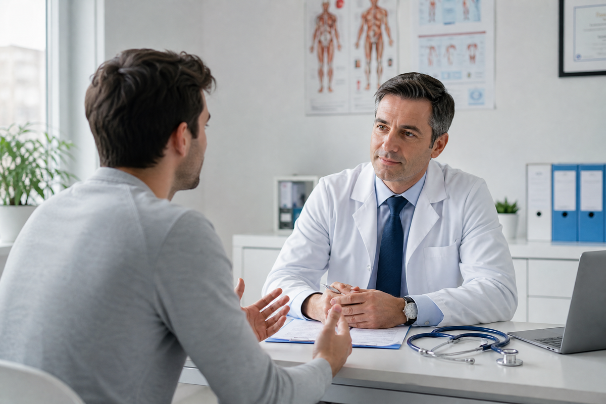 Un homme en consultation médicale chez un médecin dans un cabinet.