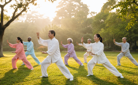 Un groupe de personnes pratiquant le tai-chi en plein air dans un parc verdoyant au lever du soleil.