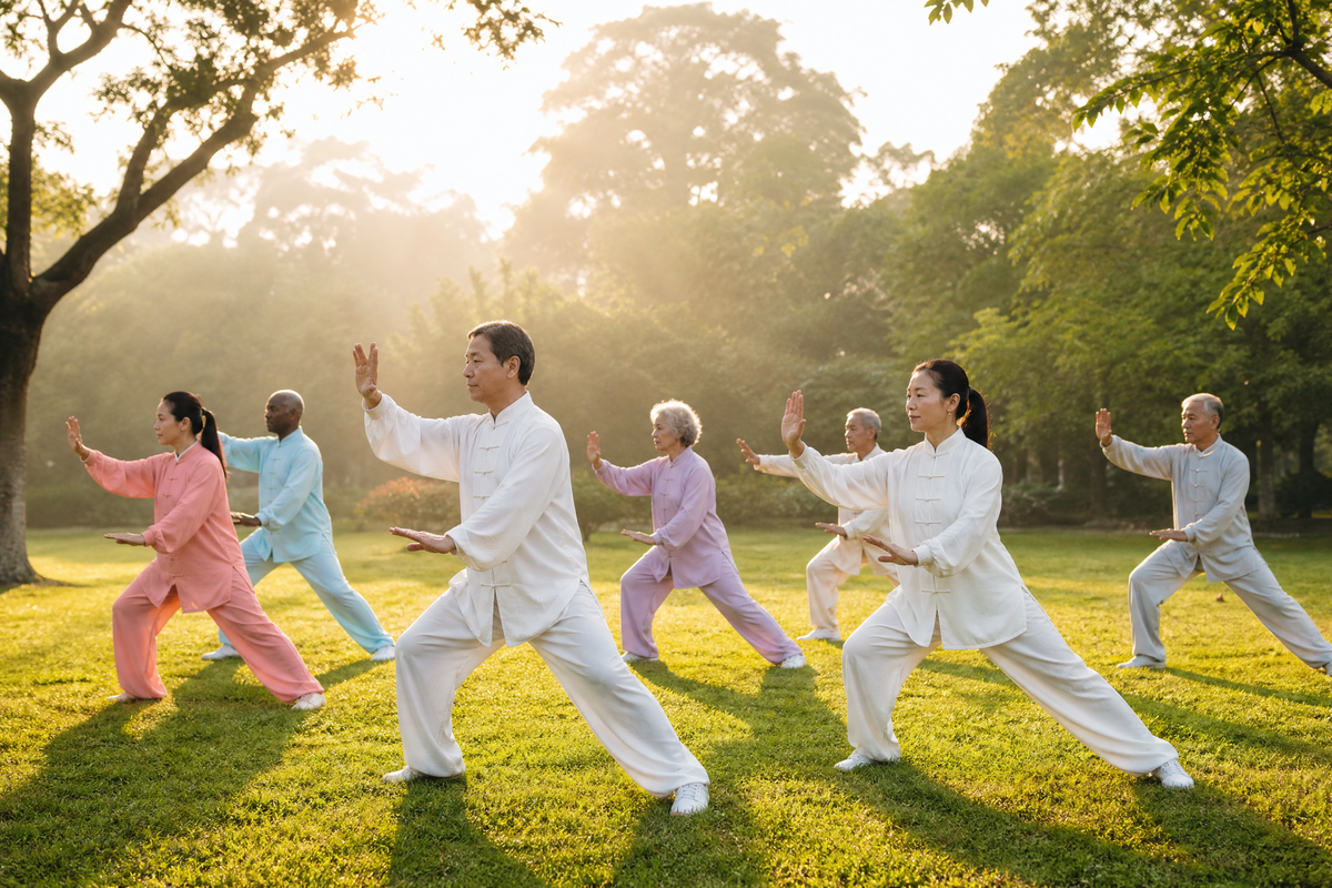 Un groupe de personnes pratiquant le tai-chi en plein air dans un parc verdoyant au lever du soleil.
