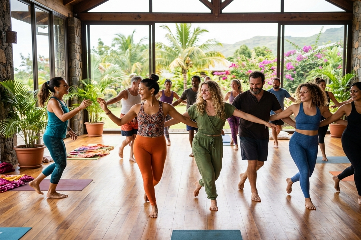 Groupe pratiquant le yoga danse dans un studio avec vue tropicale. 