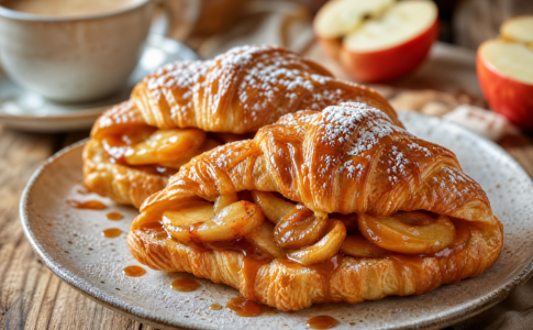 Deux croissants dorés garnis de tranches de pommes caramélisées et saupoudrés de sucre glace dans une assiette.
