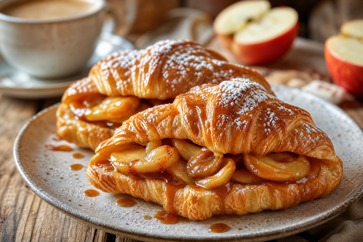  Deux croissants dorés garnis de tranches de pommes caramélisées et saupoudrés de sucre glace dans une assiette.