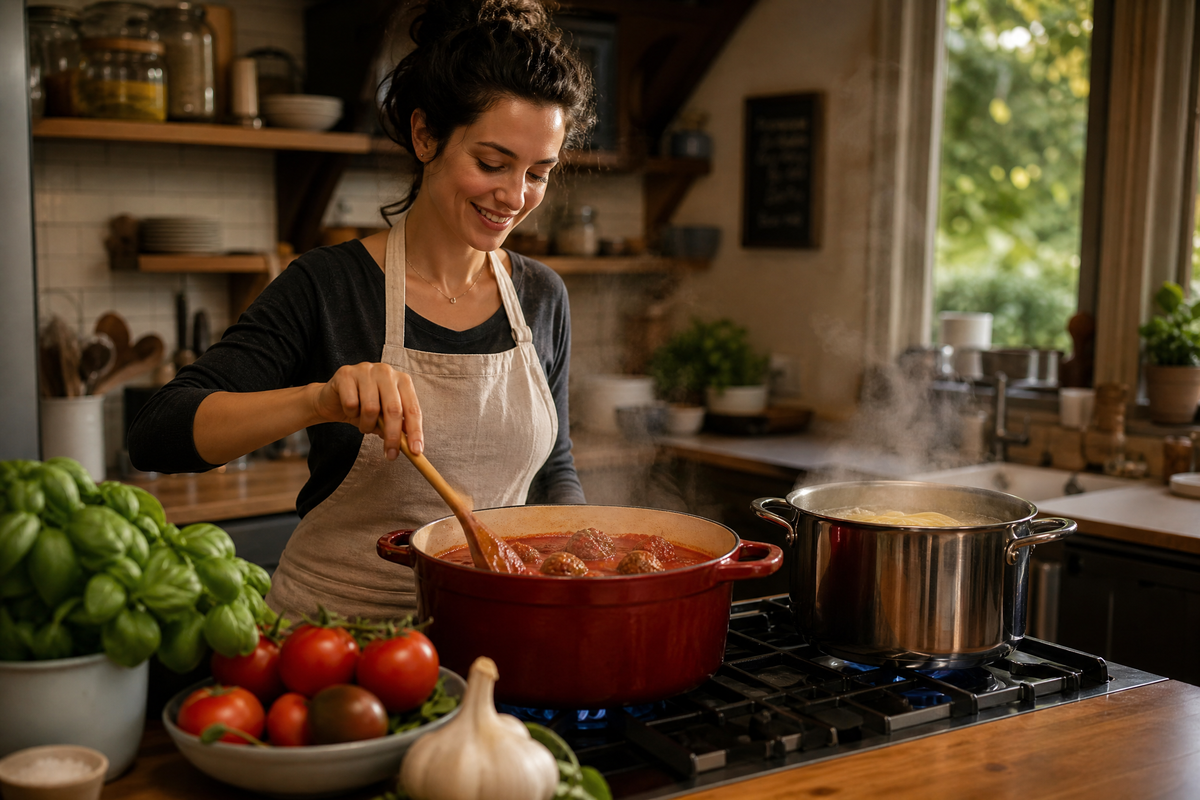 Une femme souriante préparant des boulettes de viande en sauce dans une grande marmite.