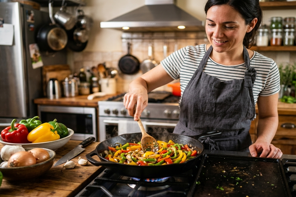 Une femme en tablier cuisine des lamelles de poivrons colorés dans une poêle en fonte sur une gazinière.