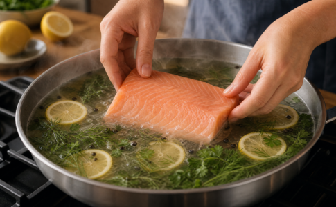 Des mains déposent un pavé de saumon frais dans une poêle de court-bouillon frémissant avec du citron et des herbes.