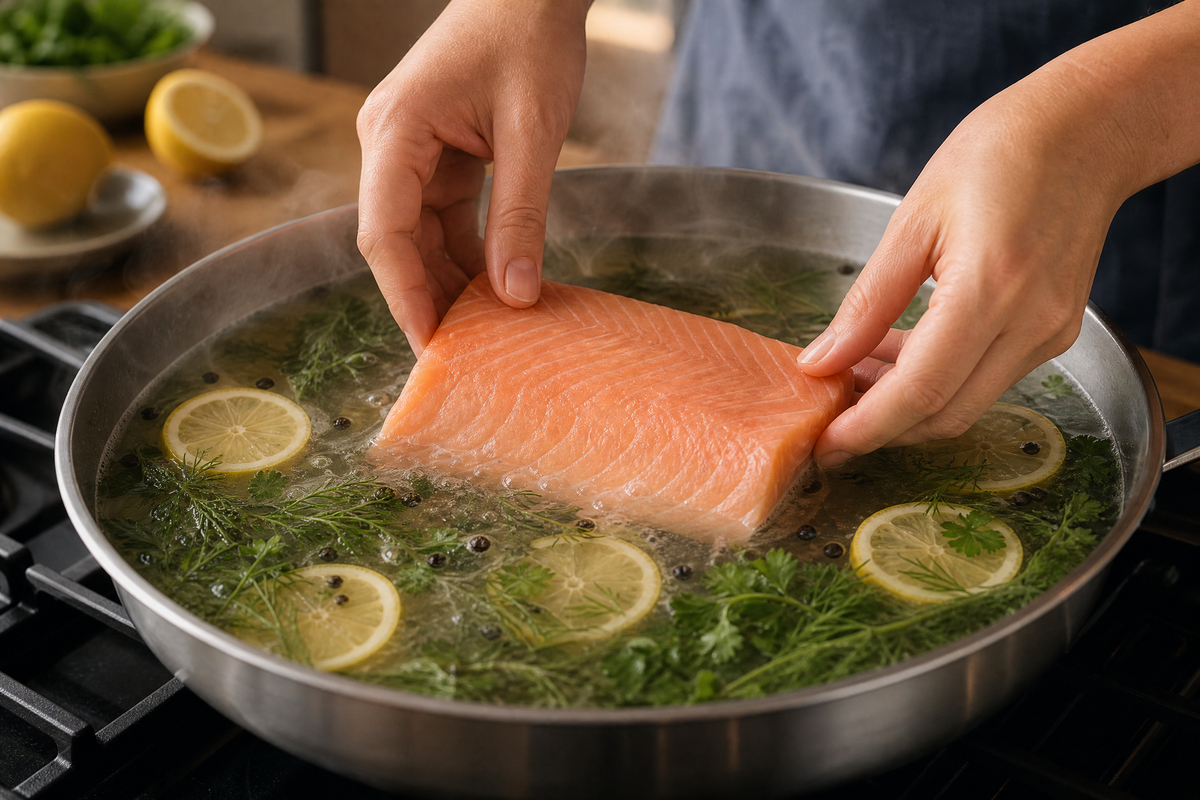  Des mains déposent un pavé de saumon frais dans une poêle de court-bouillon frémissant avec du citron et des herbes.