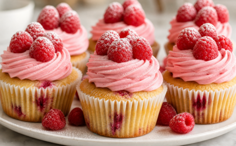 Des cupcakes faits maison décorés de crème et de framboises fraîches.