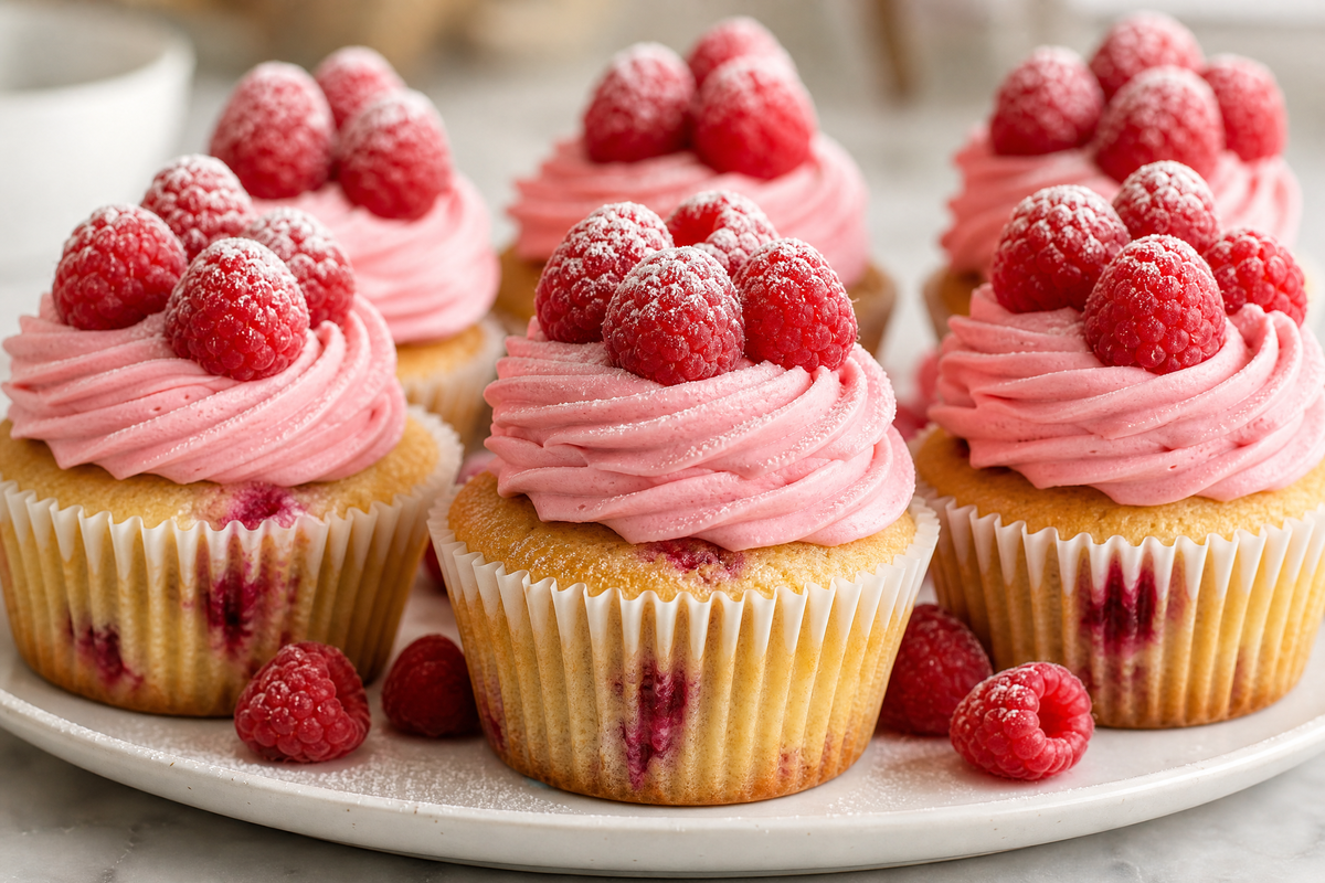 Des cupcakes faits maison décorés de crème et de framboises fraîches.