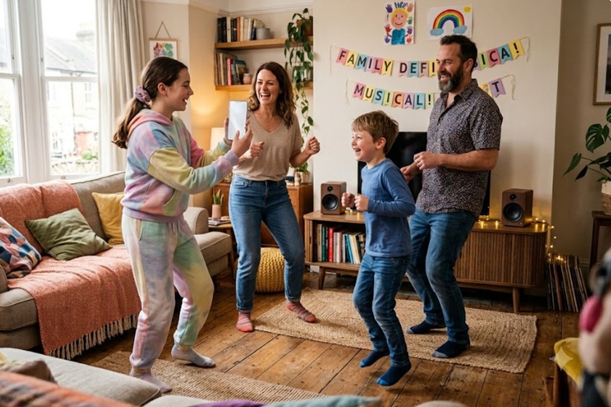 Une famille qui s’amuse en dansant