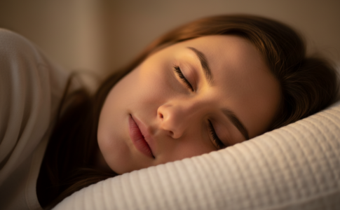 Femme dormant paisiblement la tête posée sur un oreiller.