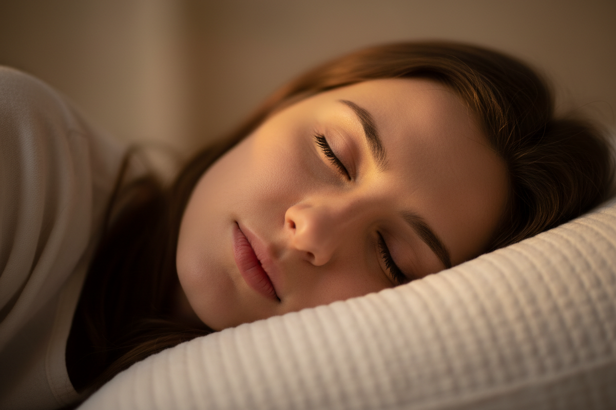 Femme dormant paisiblement la tête posée sur un oreiller.