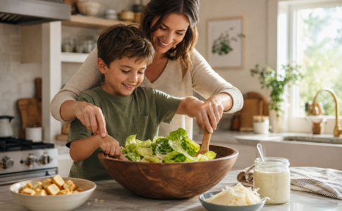 Un jeune garçon et sa mère sourient en mélangeant une salade César dans un grand bol en bois dans leur cuisine.