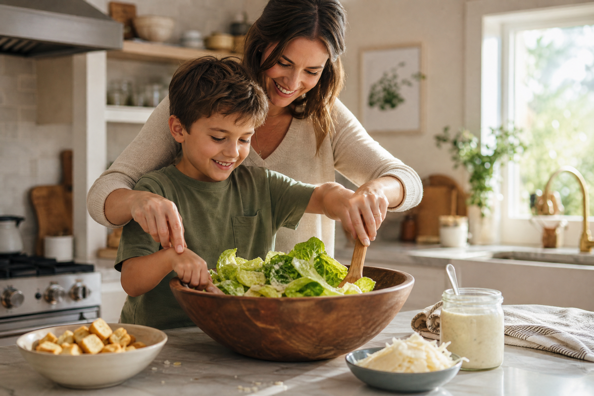  Un jeune garçon et sa mère sourient en mélangeant une salade César dans un grand bol en bois dans leur cuisine.