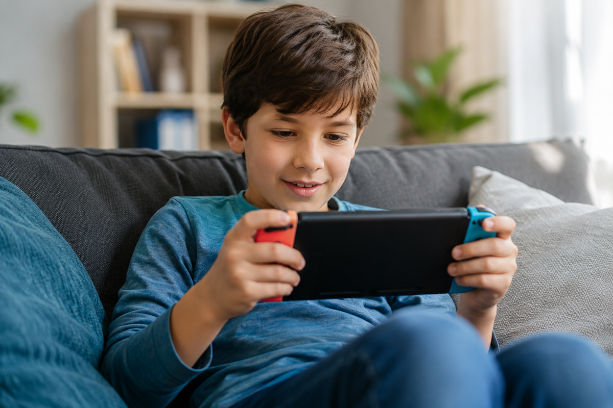 Un enfant qui joue sur une console similaire à Nintendo Switch