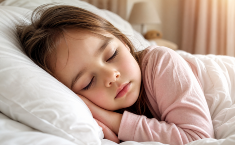 Une petite fille endormie paisiblement dans son lit sur un oreiller blanc.