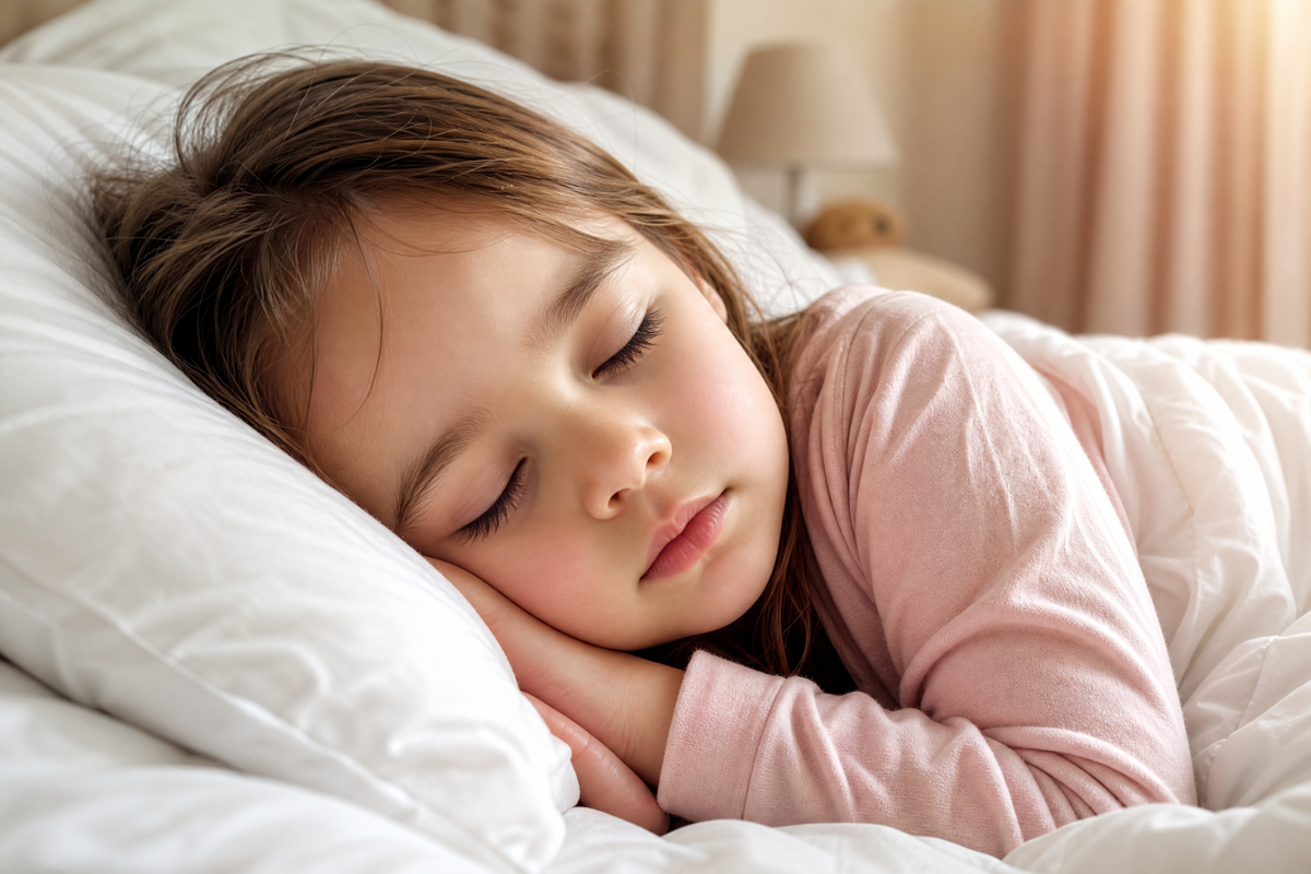 Une petite fille endormie paisiblement dans son lit sur un oreiller blanc.