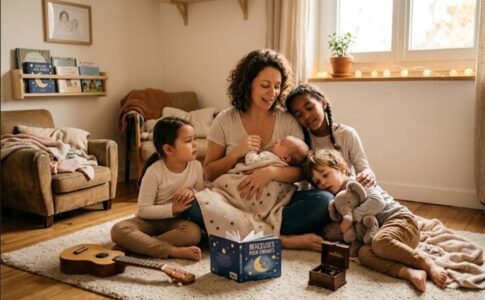 Des enfants écoutant des berceuses avec leur maman