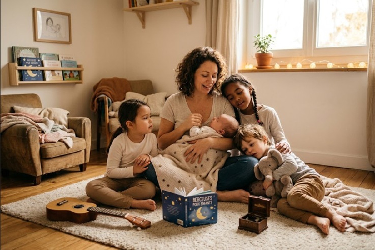 Des enfants écoutant des berceuses avec leur maman