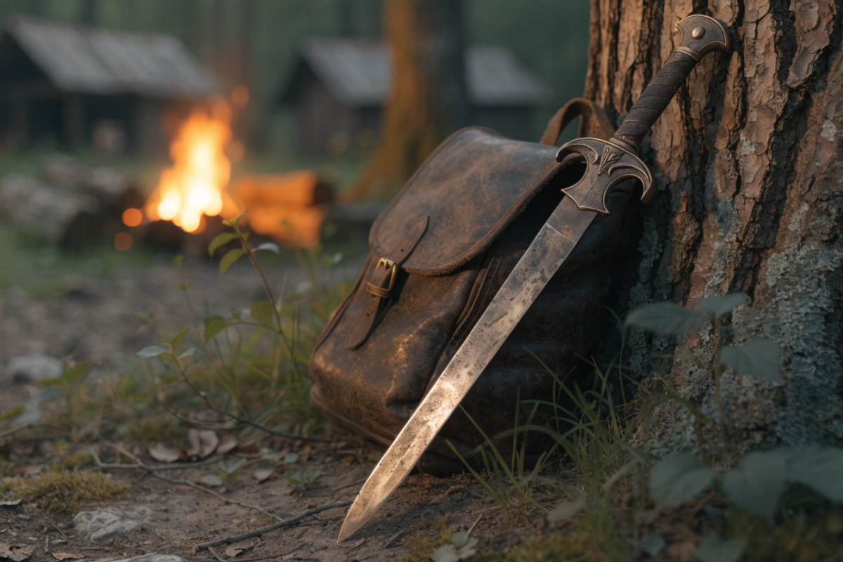 Une épée en bronze et un sac à dos posés près d'un campement en forêt