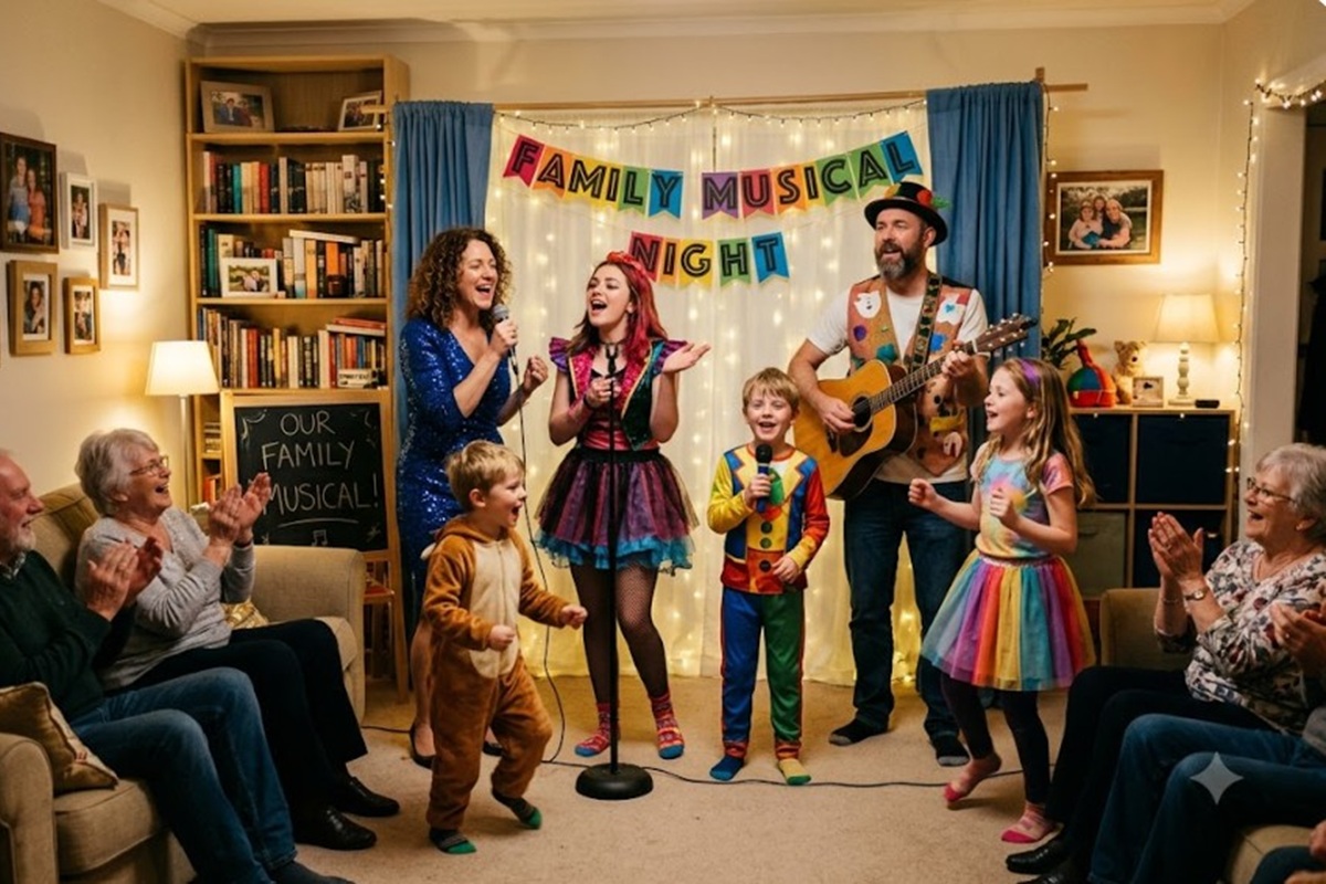 Une famille s’amusant avec une comédie musicale