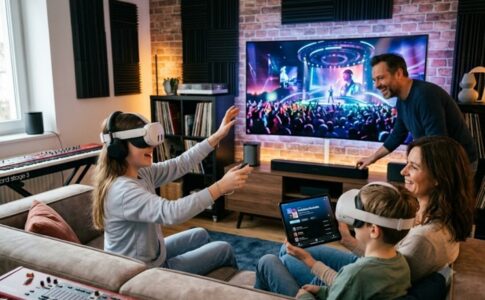 Une famille assistant à un concert virtuel