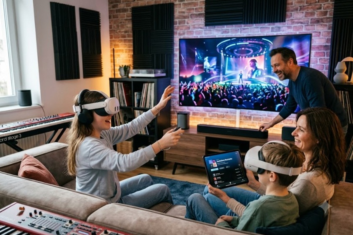 Une famille assistant à un concert virtuel