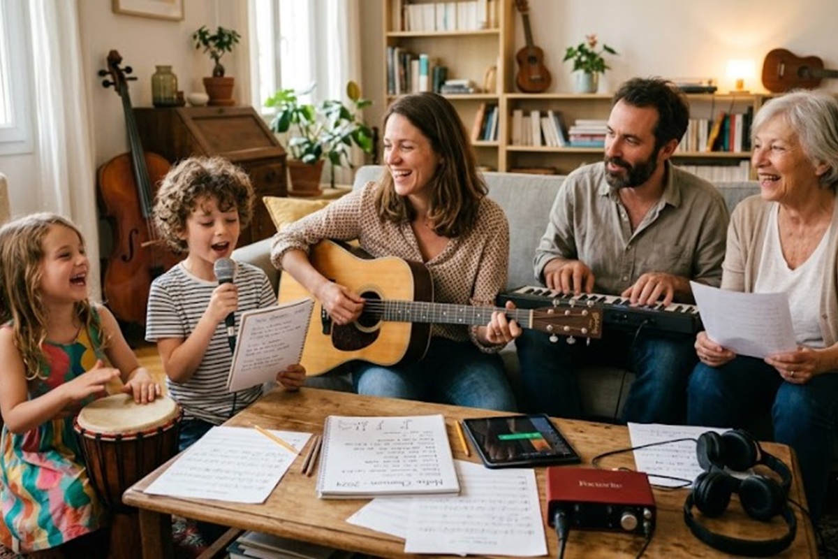 Une famille pratiquant une activité de musique