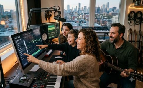 Une famille créant de la musique dans un studio