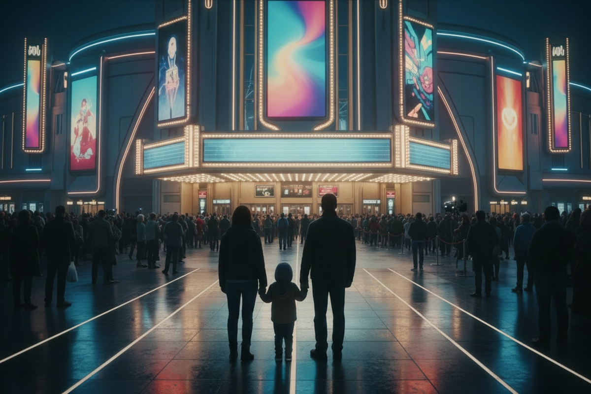 Famille de dos devant l’entrée d’un cinéma