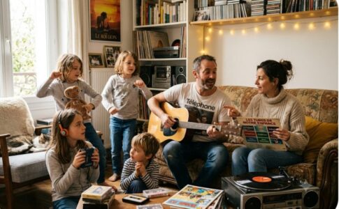 Des enfants et leurs parents écoutant de la musique