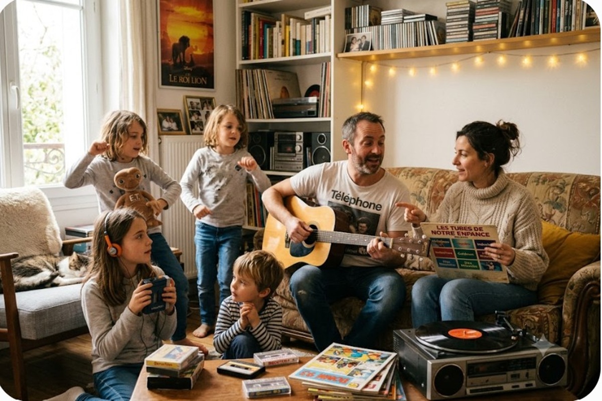 Des enfants et leurs parents écoutant de la musique