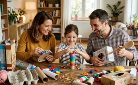 Un enfant créant un instrument de musique avec ses parents
