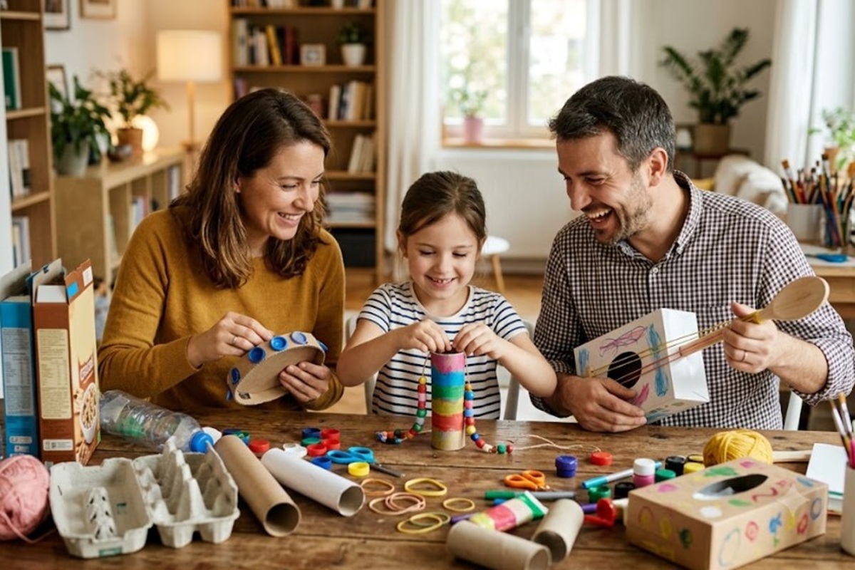 Un enfant créant un instrument de musique avec ses parents