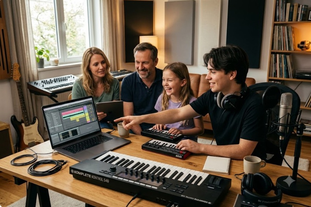 Une famille créant de la musique sur ordinateur
