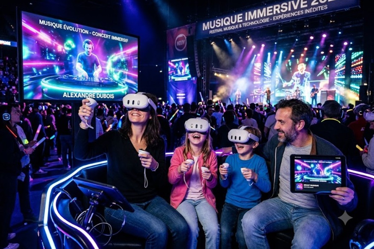 Une famille assistant à un concert virtuel