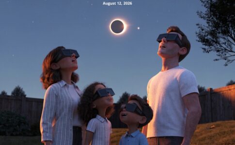 Une famille observant un éclipse solaire avec des lunettes homologuées