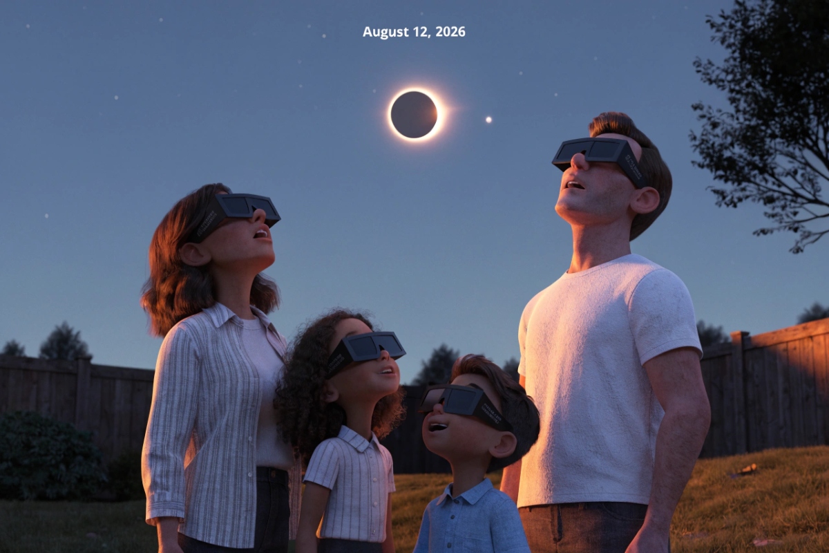 Une famille observant un éclipse solaire avec des lunettes homologuées