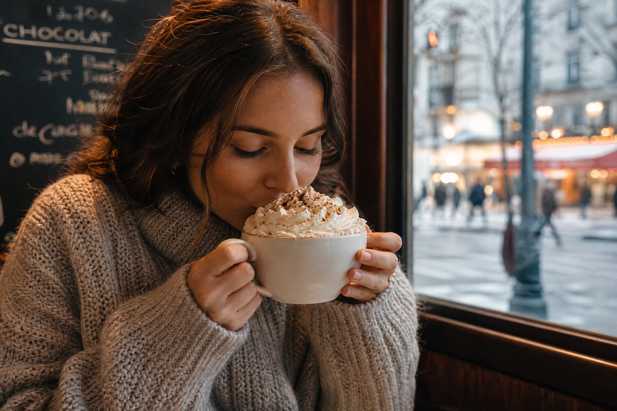 Une femme boit une grande tasse de chocolat chaud.