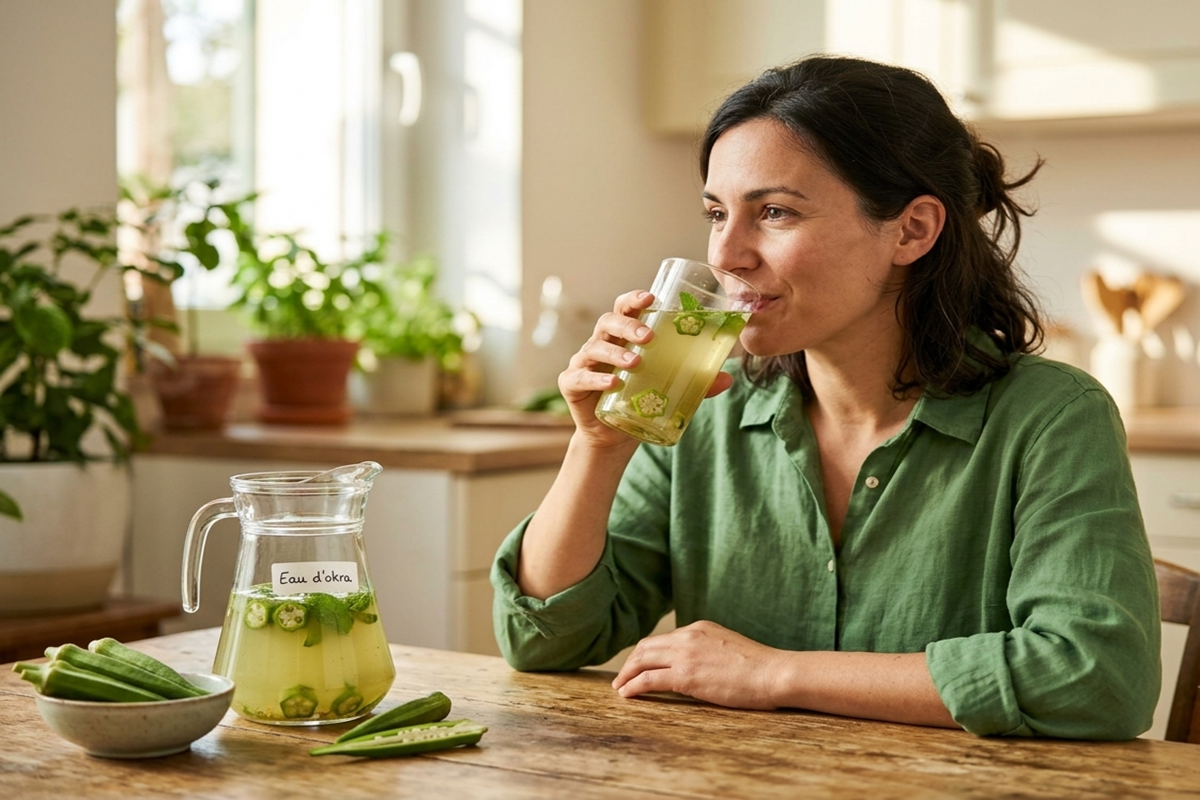 Femme buvant un verre d'eau d'okra maison à sa table de cuisine.
