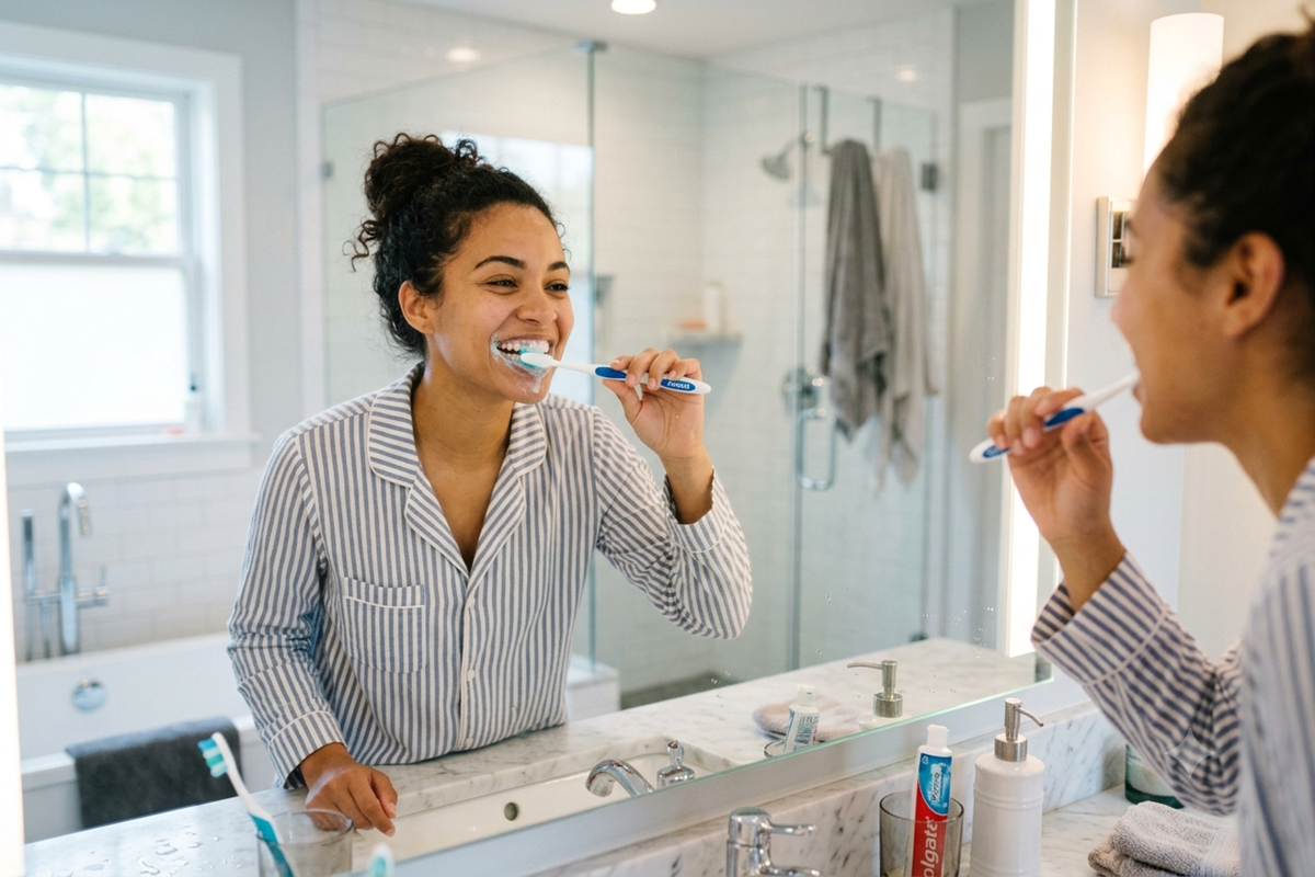 Jeune femme souriante en pyjama se brossant les dents devant le miroir d'une salle de bain lumineuse.