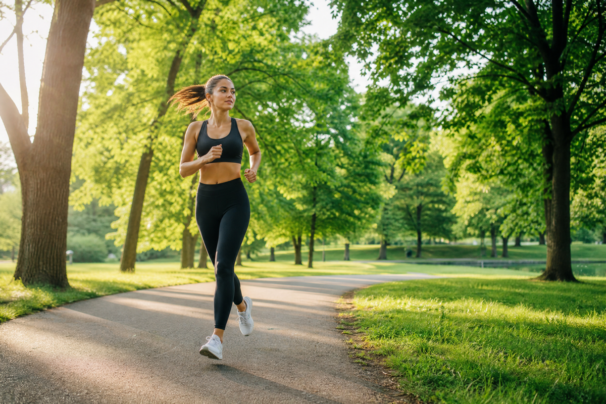 Une jeune femme en tenue de sport noire court sur un sentier ensoleillé dans un grand parc.
