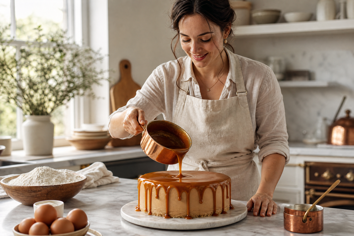 Une femme en train de préparer un gâteau glacé au caramel dans une cuisine.